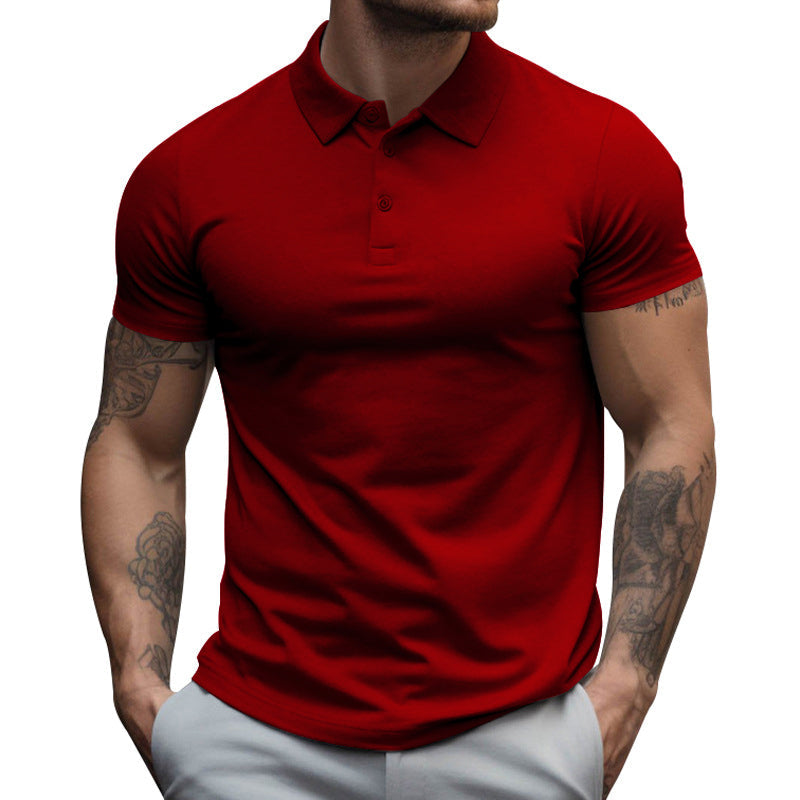 Close-up of fabric texture on men's slim-fit short sleeve polo, showing quality casual shirt.