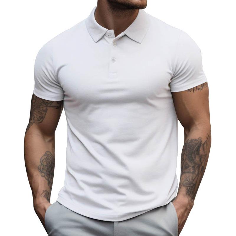 Model in men's slim-fit short sleeve polo during athletic activity, performance wear.