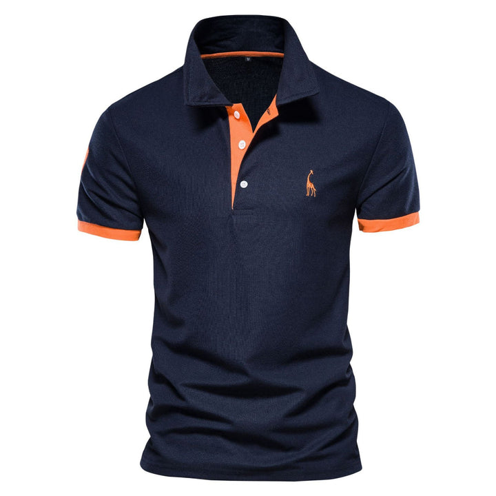 Men's slim fit short sleeve polo shirt with contrast collar and cuff trim, perfect for smart casual wear.