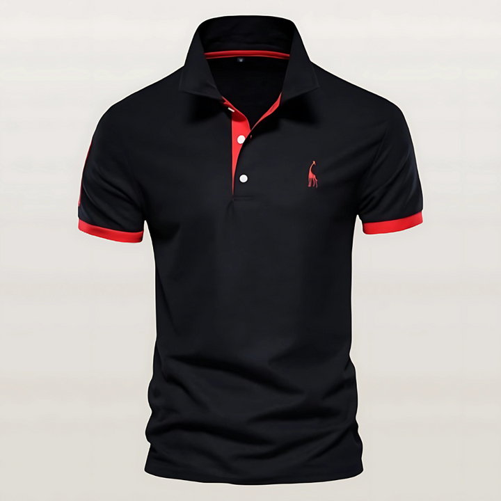 Close-up of the stylish contrast trim detail on a men's modern fit short sleeve collared polo shirt.