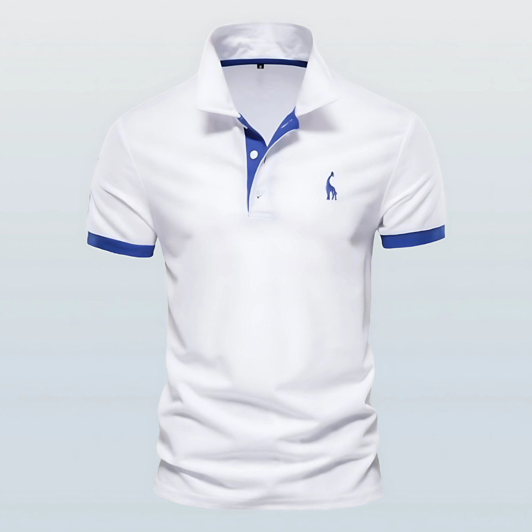 Full front view of a stylish men's slim fit short sleeve polo shirt with bold contrast trim.