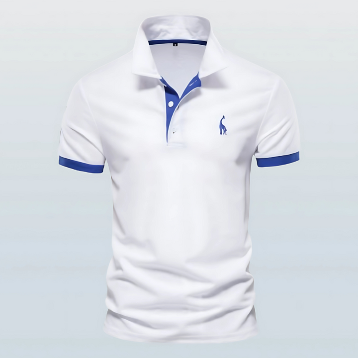 Full front view of a stylish men's slim fit short sleeve polo shirt with bold contrast trim.