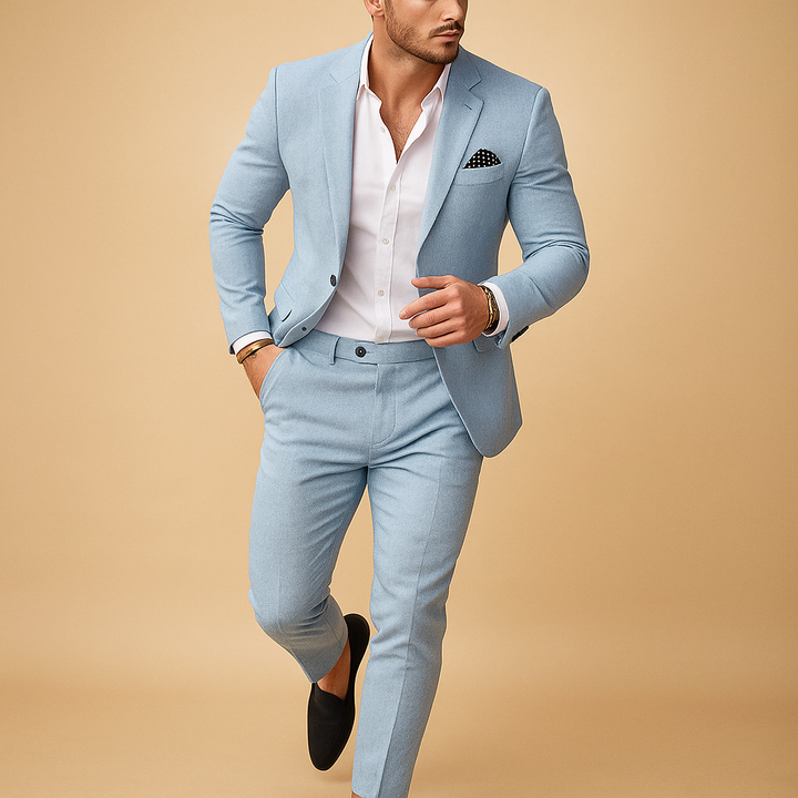Modern men's slim fit suit ensemble, featuring a sleek blazer & matching trousers for a sharp, contemporary look.
