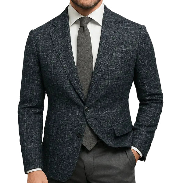 Stylish men's slim fit check blazer for smart casual or business wear. A modern patterned suit jacket.