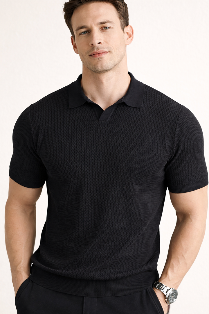 Modern men's slim fit textured short sleeve polo shirt, perfect for smart casual and comfortable everyday fashion.