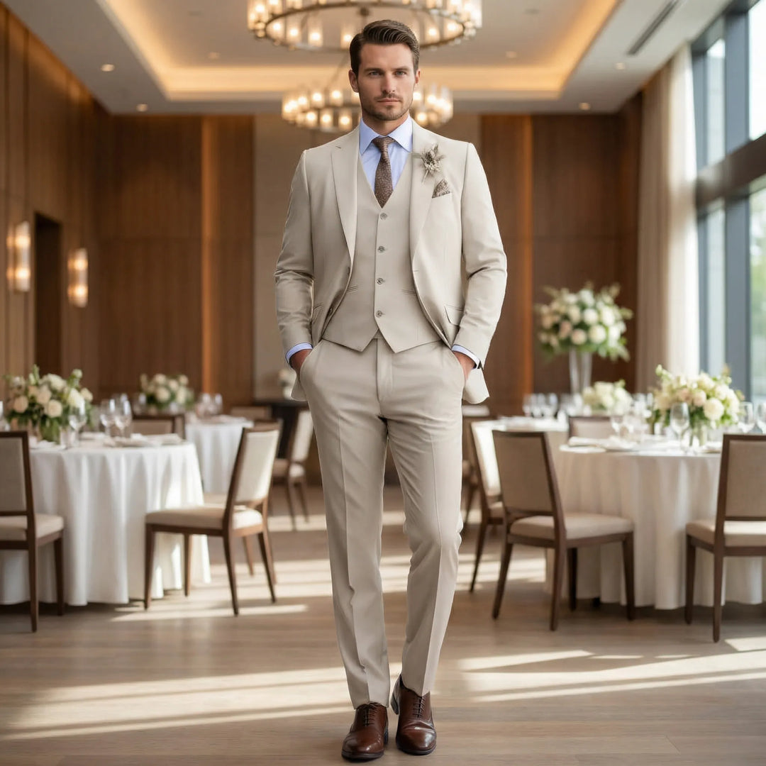 Men's slim fit three-piece suit, perfect for formal occasions & weddings. Elegant vest & jacket set.