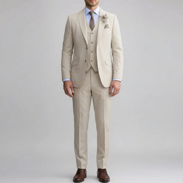 Close-up of elegant men's slim fit three-piece suit fabric, ideal for business & gala events.