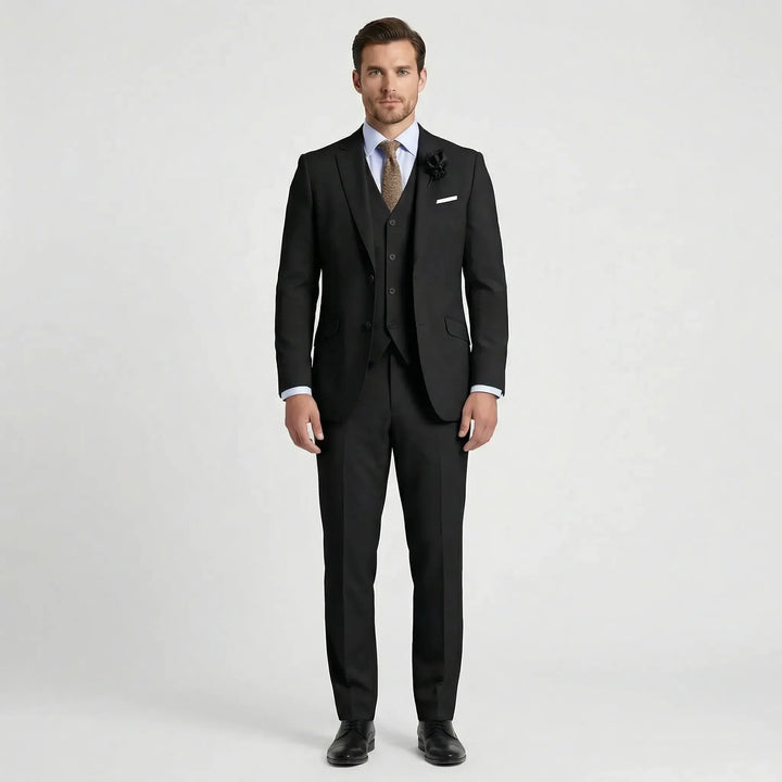 Modern men's formal three-piece suit in slim fit design, suitable for wedding attire & sophisticated fashion.