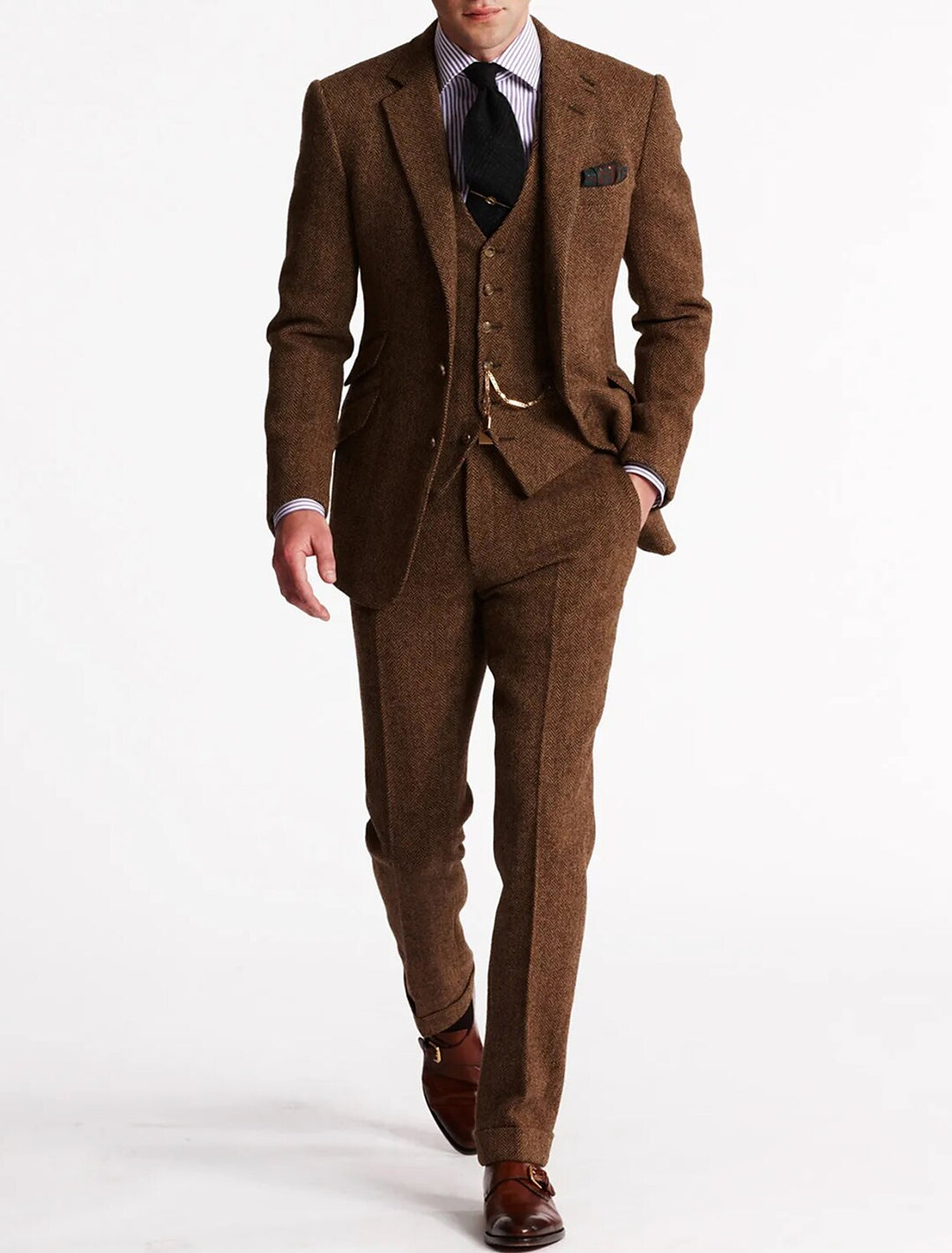 Men's slim fit three-piece tweed tuxedo suit for weddings or proms, dark gray with vest