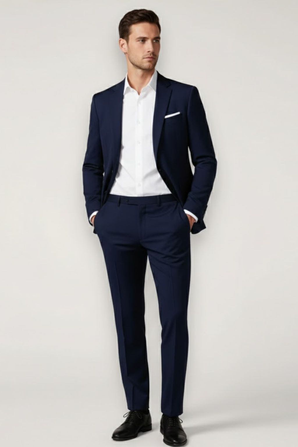 Men's slim fit two-piece suit with stylish blazer & matching trousers for formal business or wedding occasions.