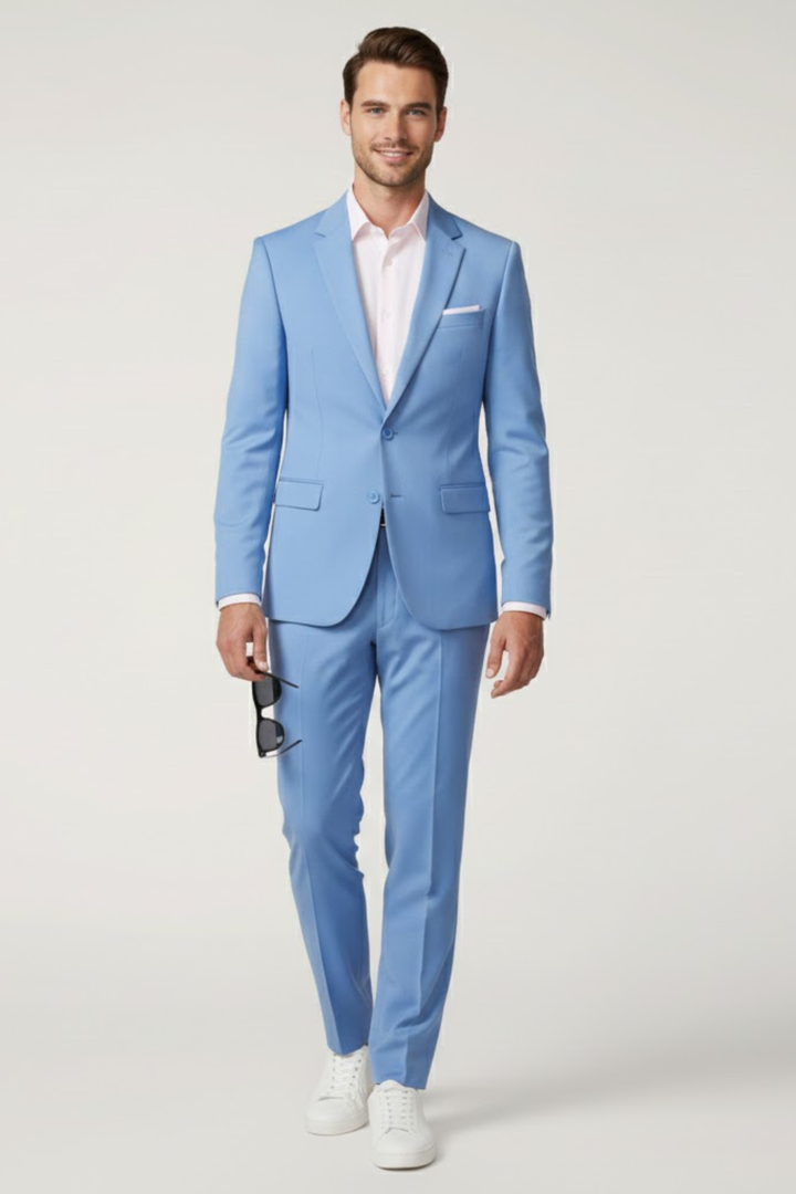 Elegant men's slim fit business suit: a contemporary two-piece blazer & trousers set for formal events & fashion.