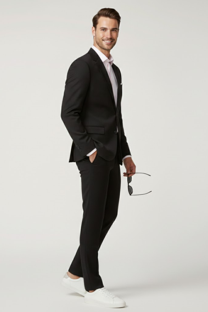 Stylish men's formal slim fit suit ensemble, featuring a sleek blazer and matching trousers for a sharp look.