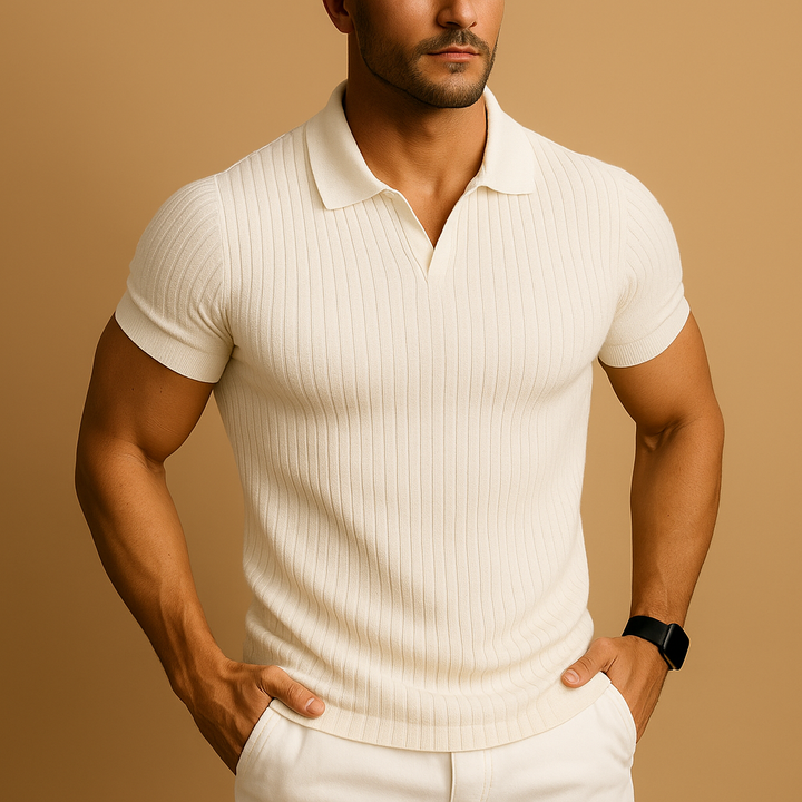 Men's slim fit v-neck polo shirt. Modern short sleeve design for smart casual or everyday wear. Comfortable men's fashion.