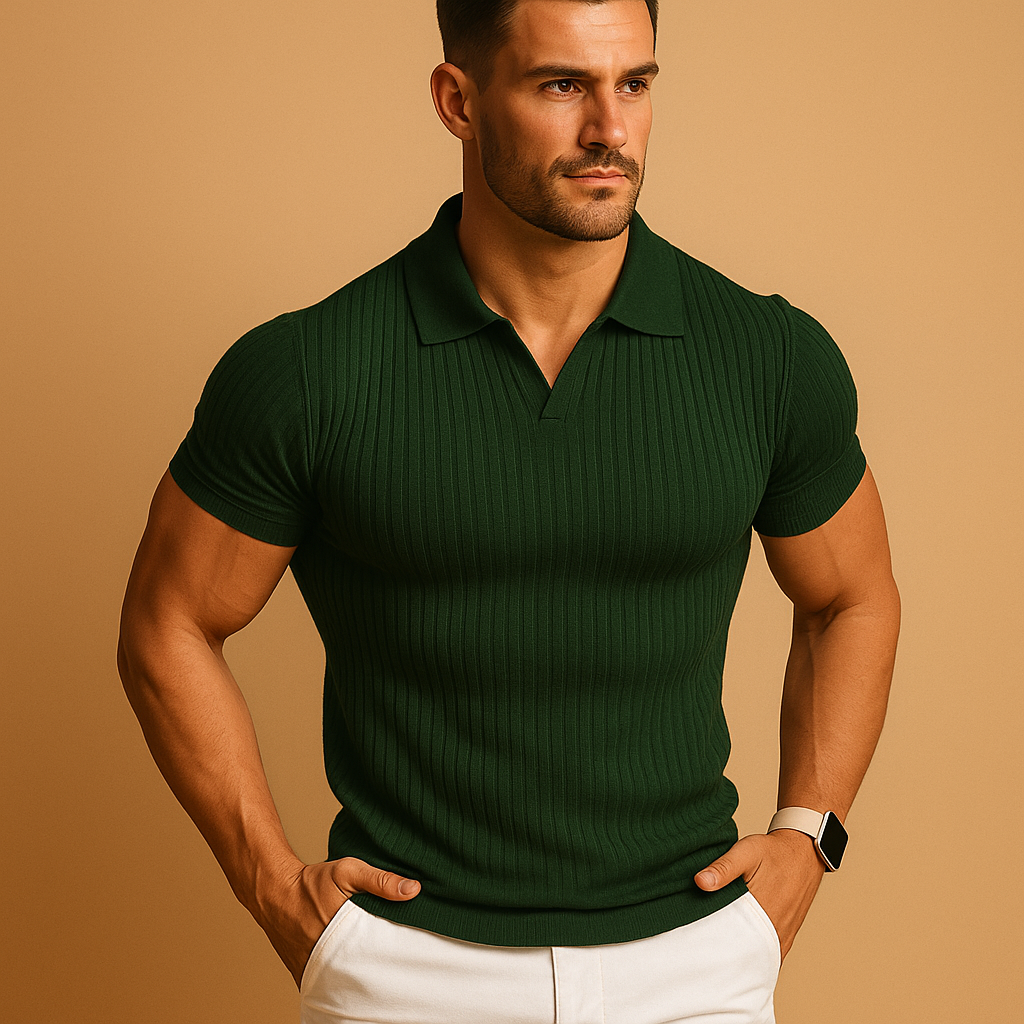 Comfortable men's slim fit v-neck polo with modern lapel collar. Stylish short sleeve top for casual & everyday wear.