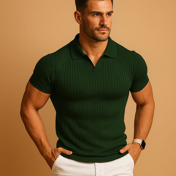 Comfortable men's slim fit v-neck polo with modern lapel collar. Stylish short sleeve top for casual & everyday wear.