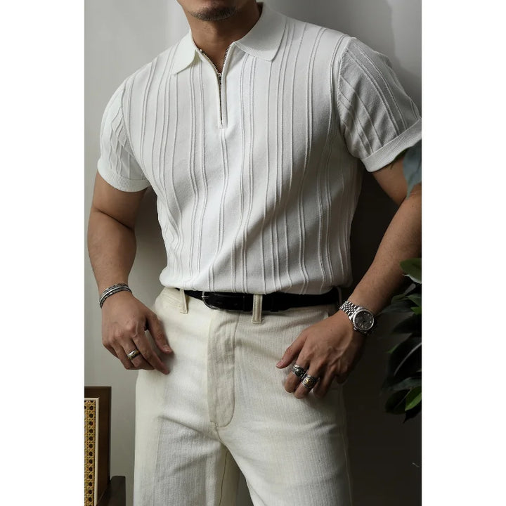 Men's slim fit zip polo shirt, modern casual style for contemporary fashion.
