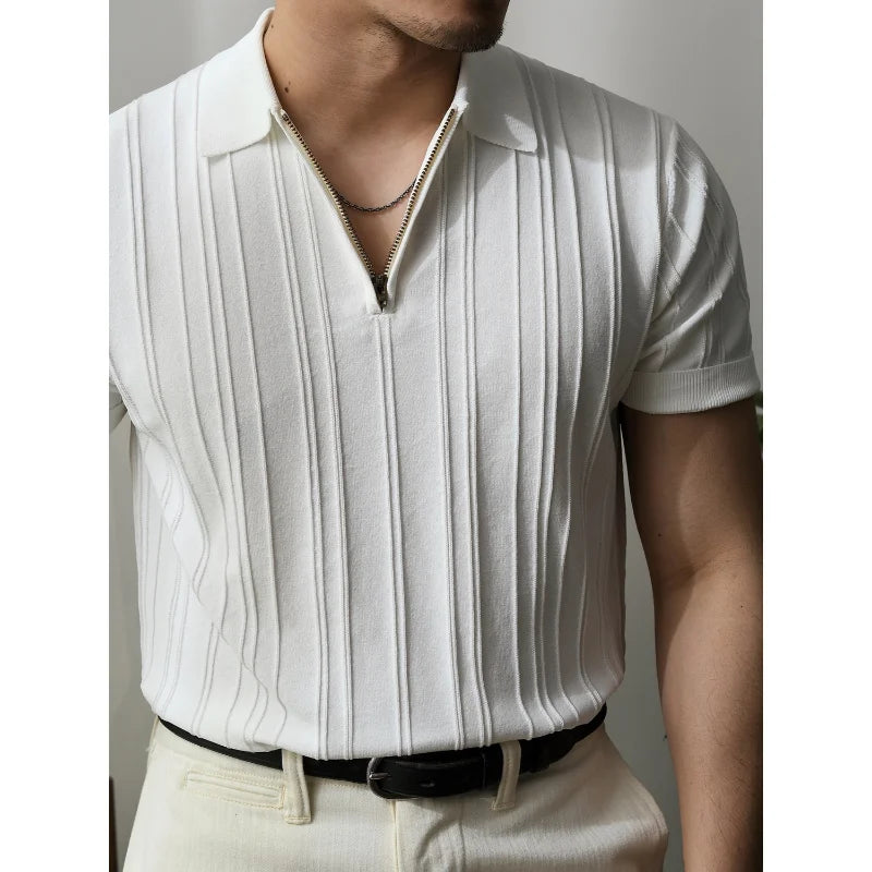 Casual men's slim fit polo shirt with zipper, ideal for comfortable summer wear.