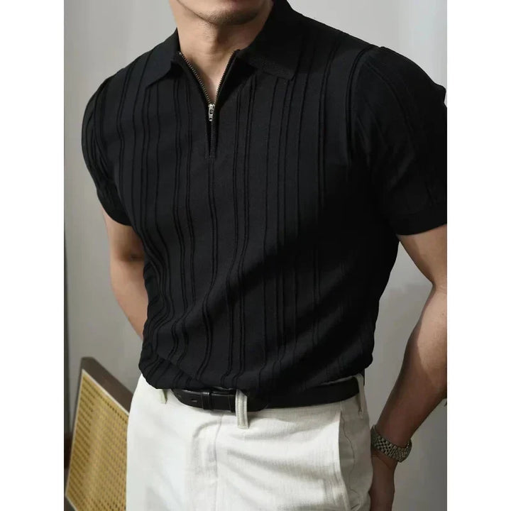 Men's slim fit zip polo, short sleeve, offering a smart casual summer style.