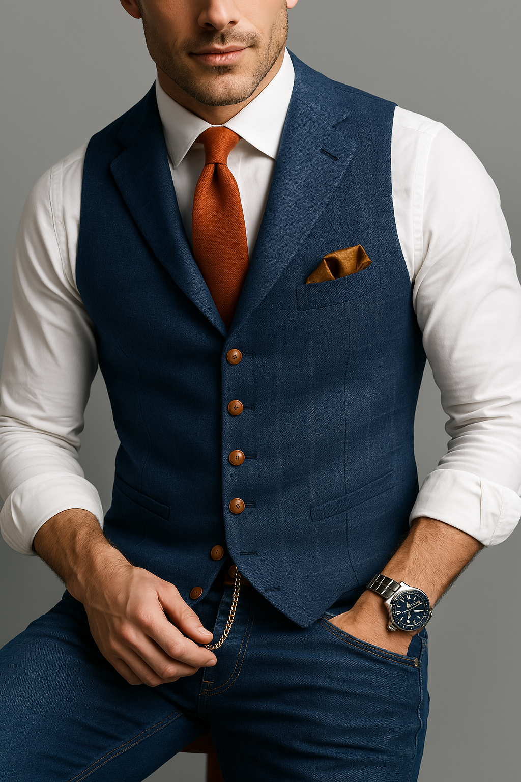 Men's smart blue checked waistcoat. Ideal formal vest for business attire, weddings, or a sharp casual look.