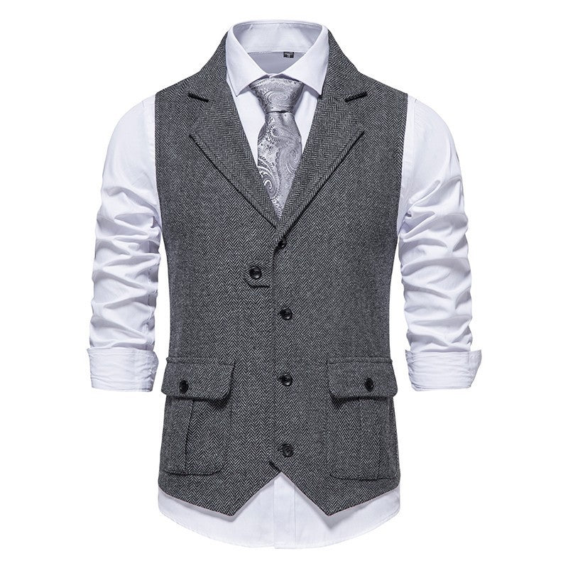Front view of a men's tailored smart casual vest, dark blue, suitable for formal office wear