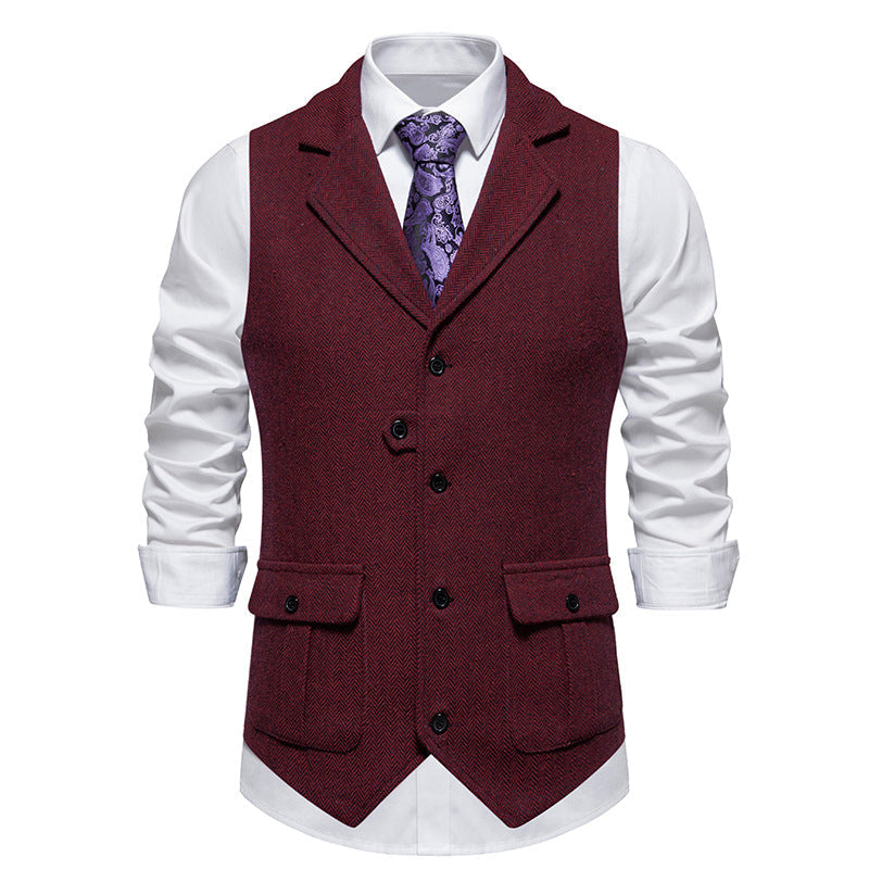 Back view of a men's smart casual vest, demonstrating adjustable strap, essential men's business attire