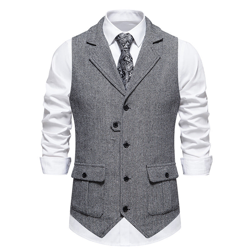 Detail of men's smart casual office vest pockets and buttons, highlighting quality men's fashion