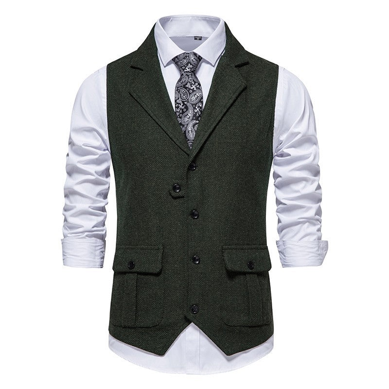 Lifestyle shot of men's smart casual vest in an office setting, professional and comfortable men's wear
