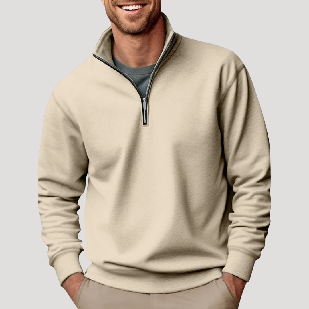 Stylish men's quarter-zip pullover sweater, perfect for smart casual outfits & modern men's fashion.
