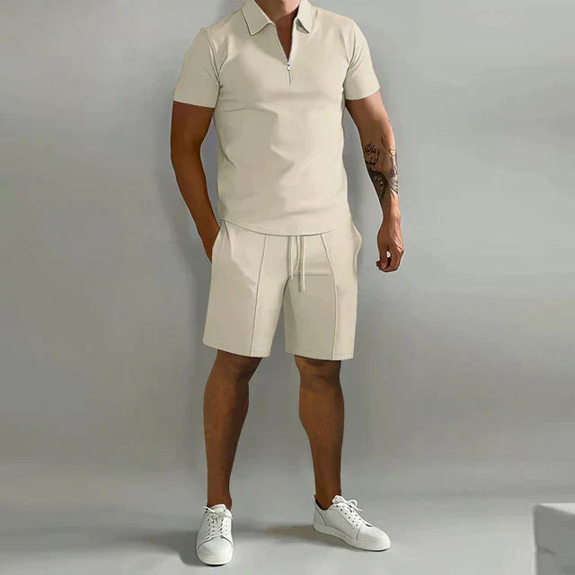 Men's relaxed two-piece summer set: casual zippered polo & drawstring shorts, ideal for warm weather and holidays.