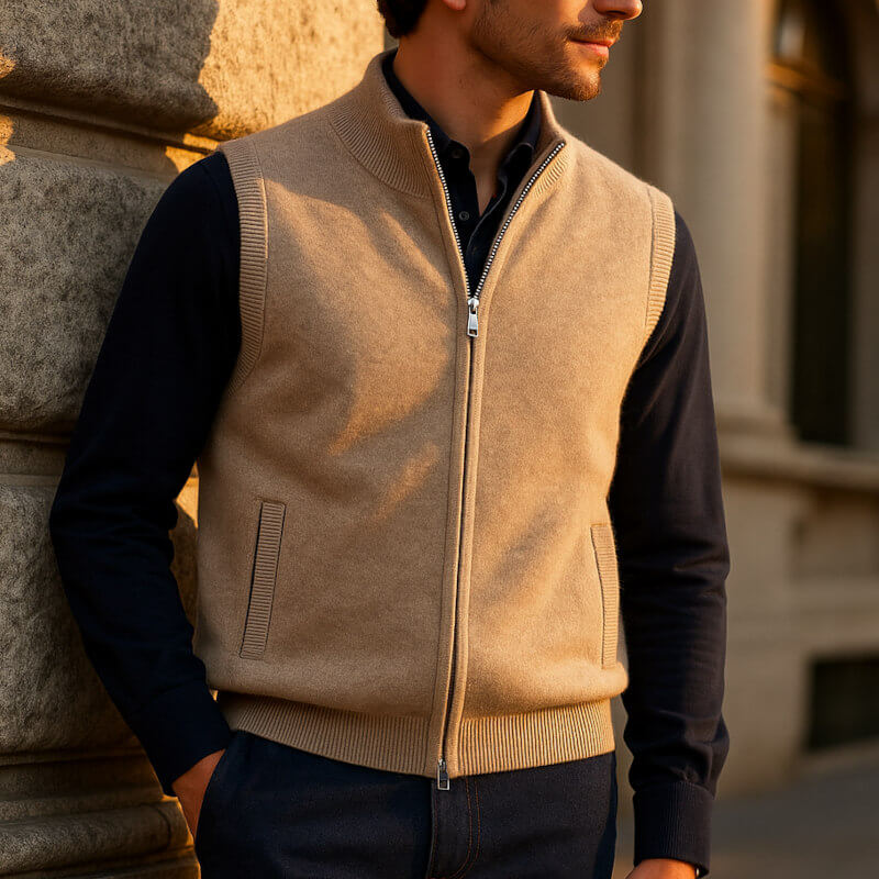 Men's soft full-zip layering vest, perfect for everyday casual or smart-casual style. Comfortable & versatile outerwear.