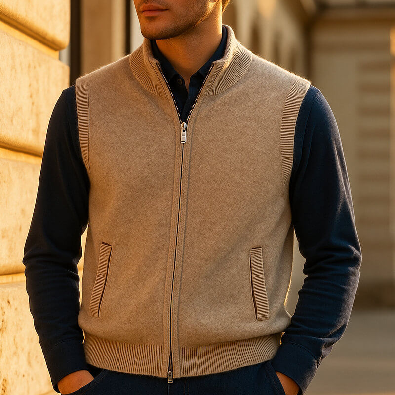 Soft men's full-zip vest, ideal for comfortable layering. Classic sleeveless design for versatile daily wear.