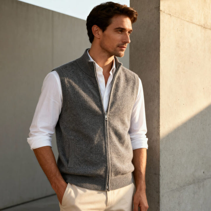 Man wearing a comfortable full-zip layering vest. Perfect for casual daily style & versatile outerwear.