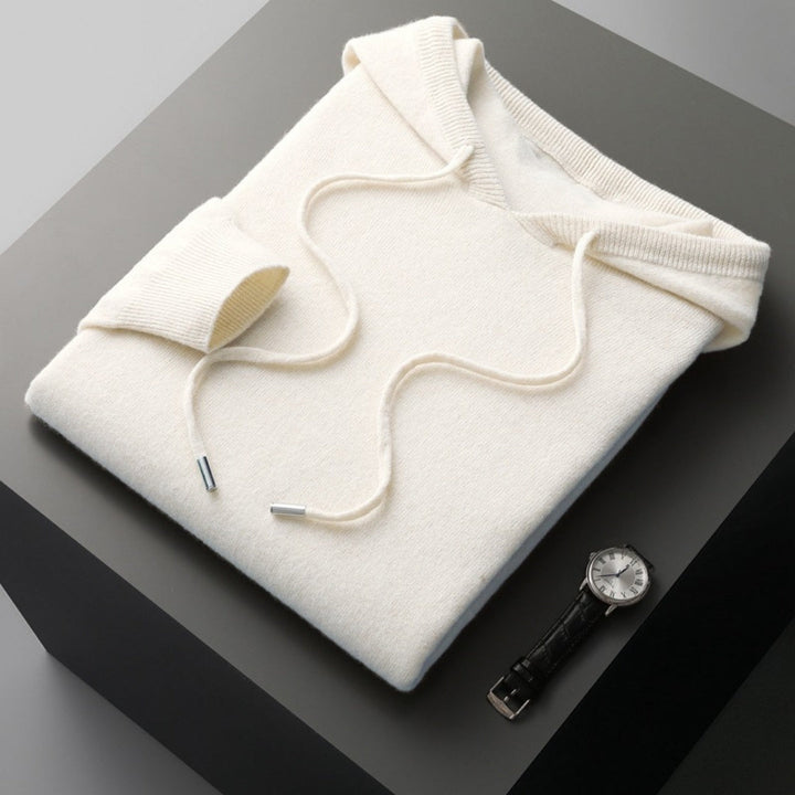 Casual men's long sleeve knit hoodie in a neutral tone, ideal for spring layering and comfort