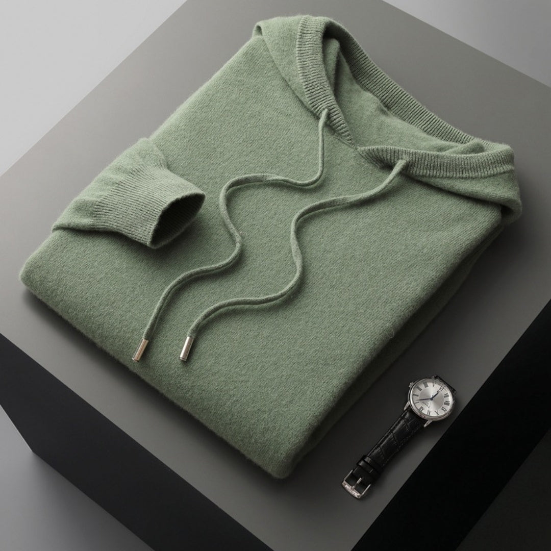 Front view of a men's knit pullover hoodie featuring a drawstring hood, designed for spring casual