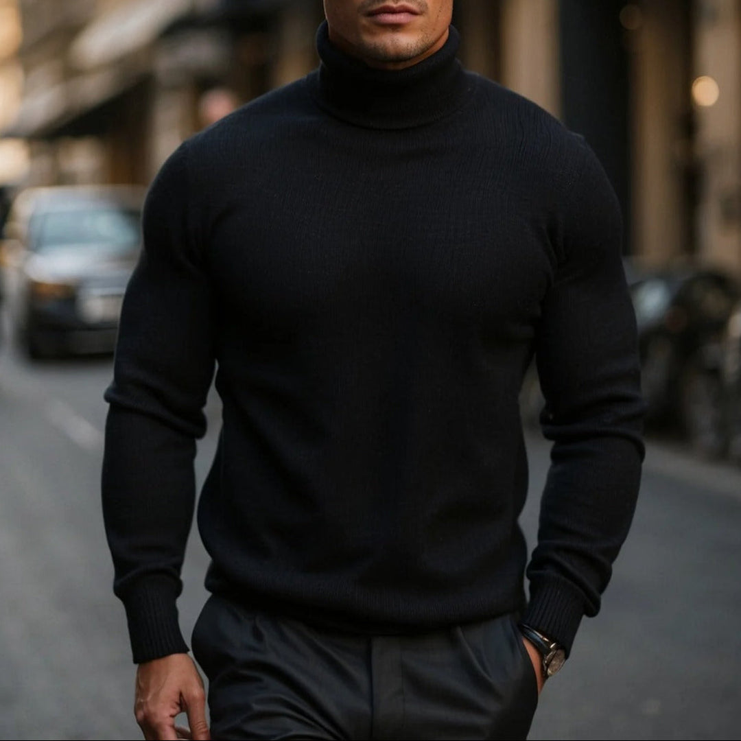 Men's soft roll neck jumper, essential for winter comfort. Classic long sleeve turtleneck sweater for autumn style.