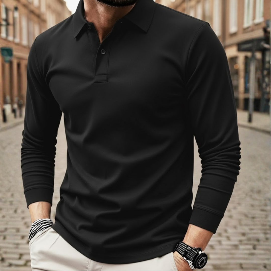 Men's solid color loose fit long sleeve polo shirt, perfect for casual everyday wear.