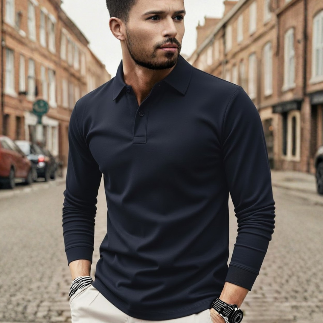 Versatile men's long sleeve polo for spring & autumn. Solid color, loose fit for casual comfort.
