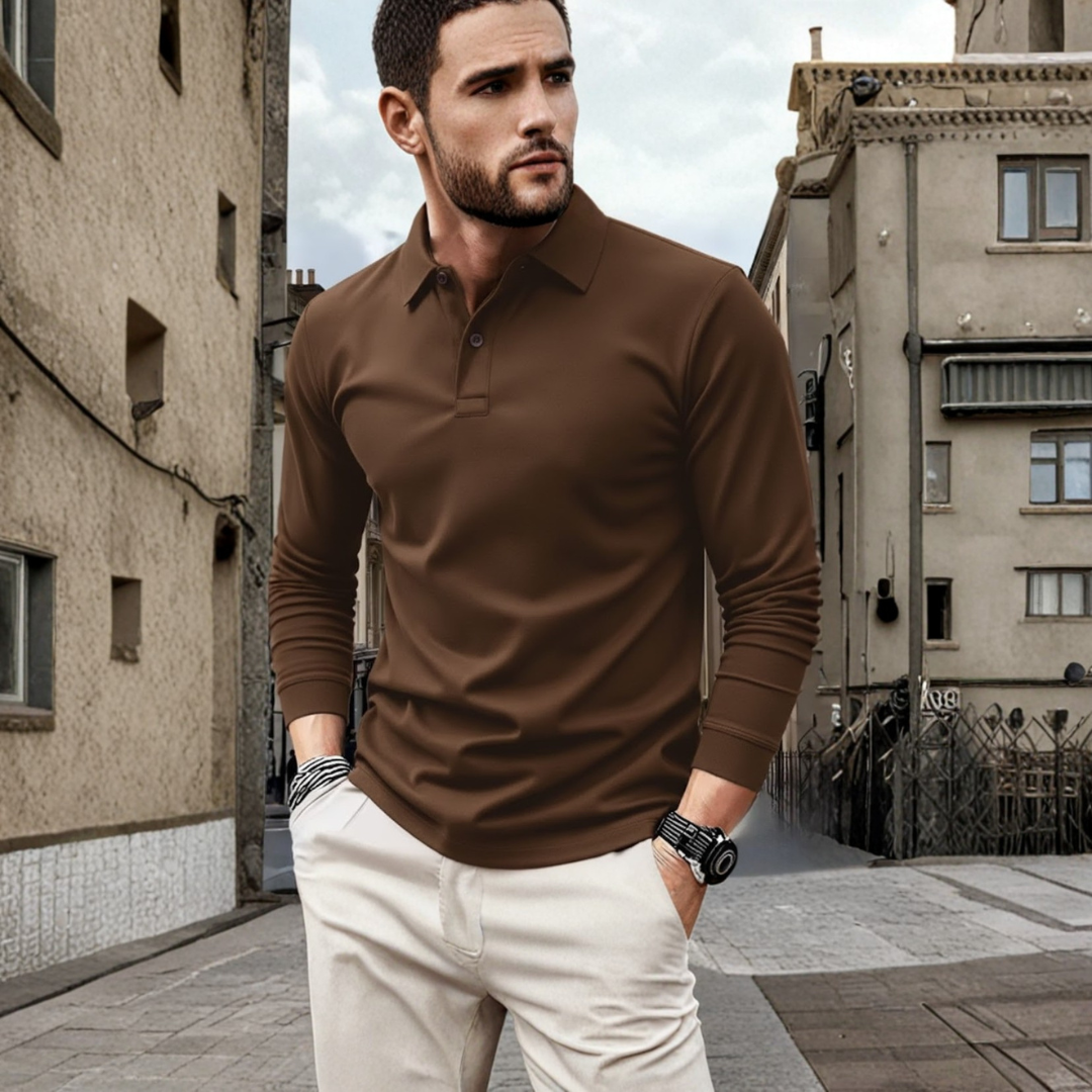 Classic men's solid color long sleeve polo with a comfortable loose fit, ideal for everyday casual style.