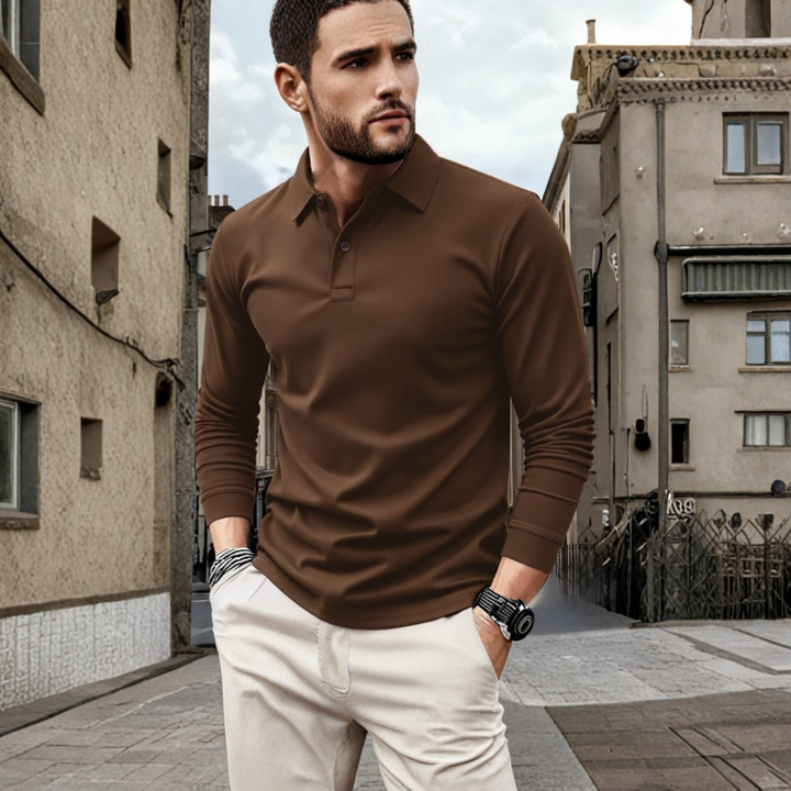 Classic men's solid color long sleeve polo with a comfortable loose fit, ideal for everyday casual style.