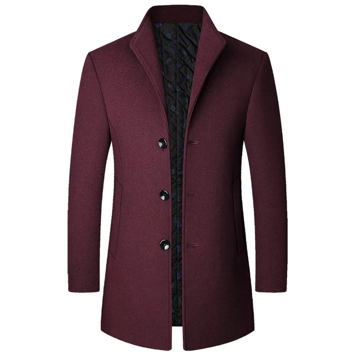 Classic men's outerwear: a tailored long button-front overcoat, essential for formal and cold weather.
