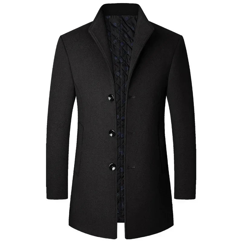 Detailed view of a men's sophisticated long overcoat, featuring button-front and elegant design.