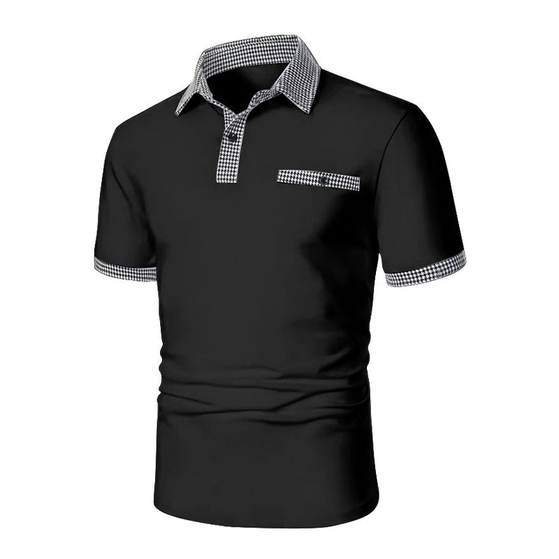 Man in sporty checkered polo shirt, demonstrating ease of movement for golf or active casual summer wear.