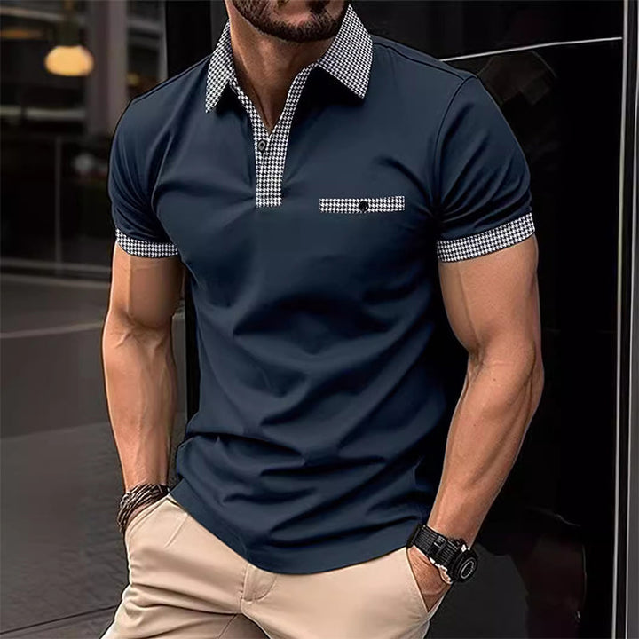 Close-up of men's checkered polo shirt fabric. Breathable, comfortable short sleeve top for golf & casual summer style.
