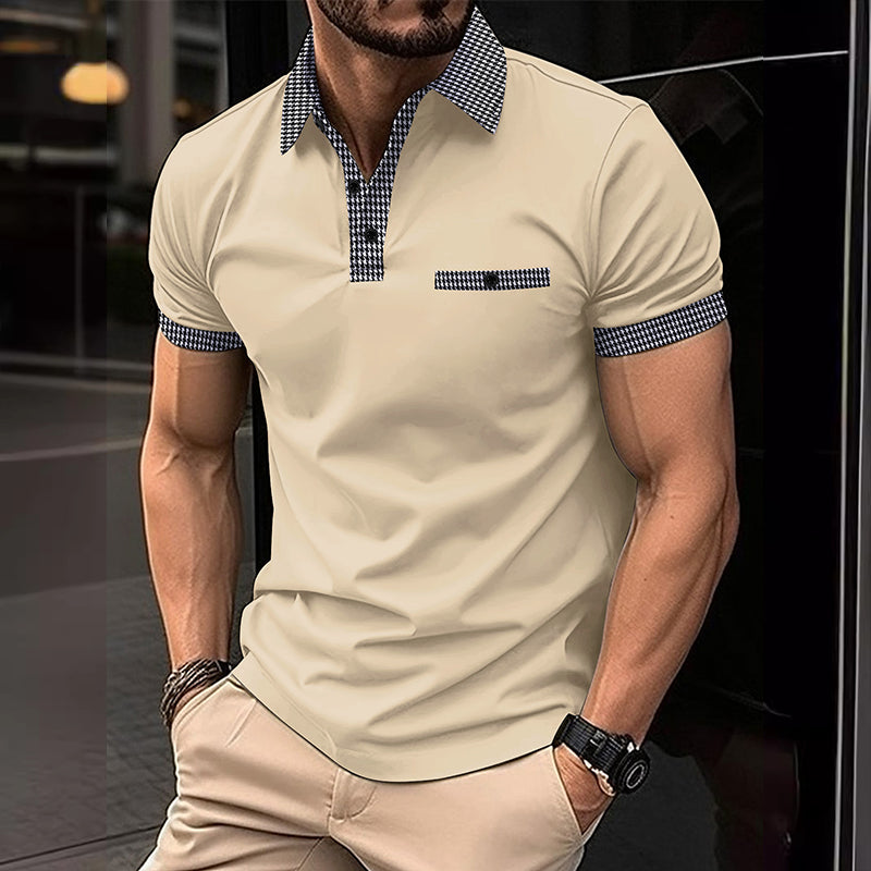 Detail of collar & buttons on a men's checkered polo shirt. Sporty, short sleeve top suitable for golf & casual.