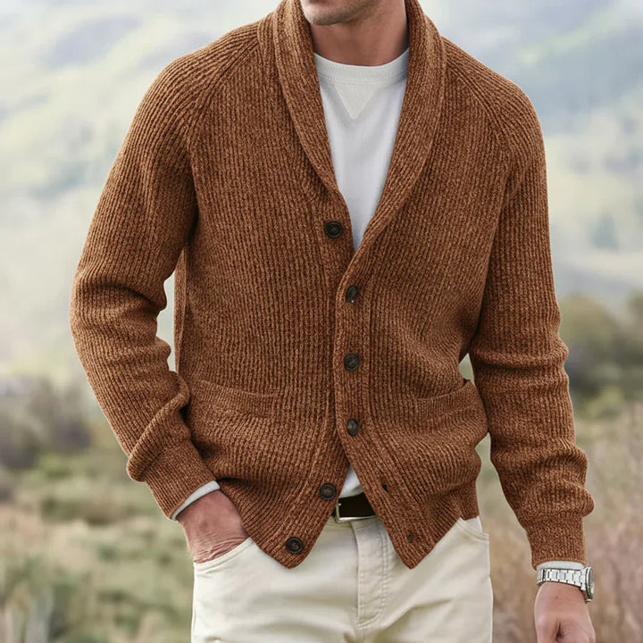 Close-up of the texture and button detail on a men's spring shawl collar knit cardigan