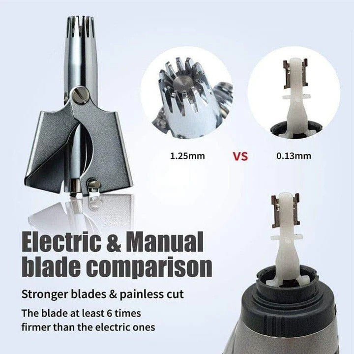 Compact stainless steel manual trimmer for nose and ear hair. An indispensable men's portable grooming tool.