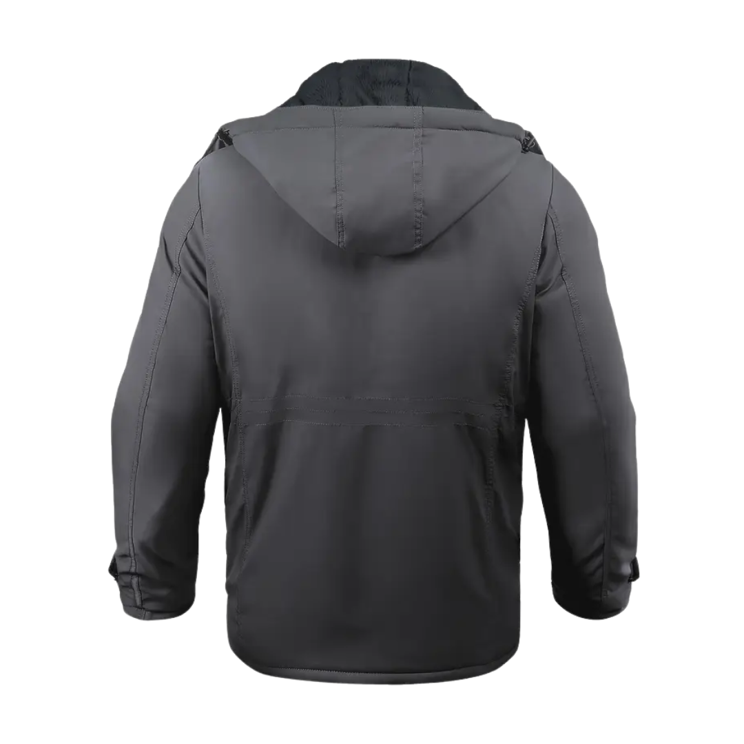 Plush-lined Stellan men's insulated winter coat with hood, offering superior cold weather protection.