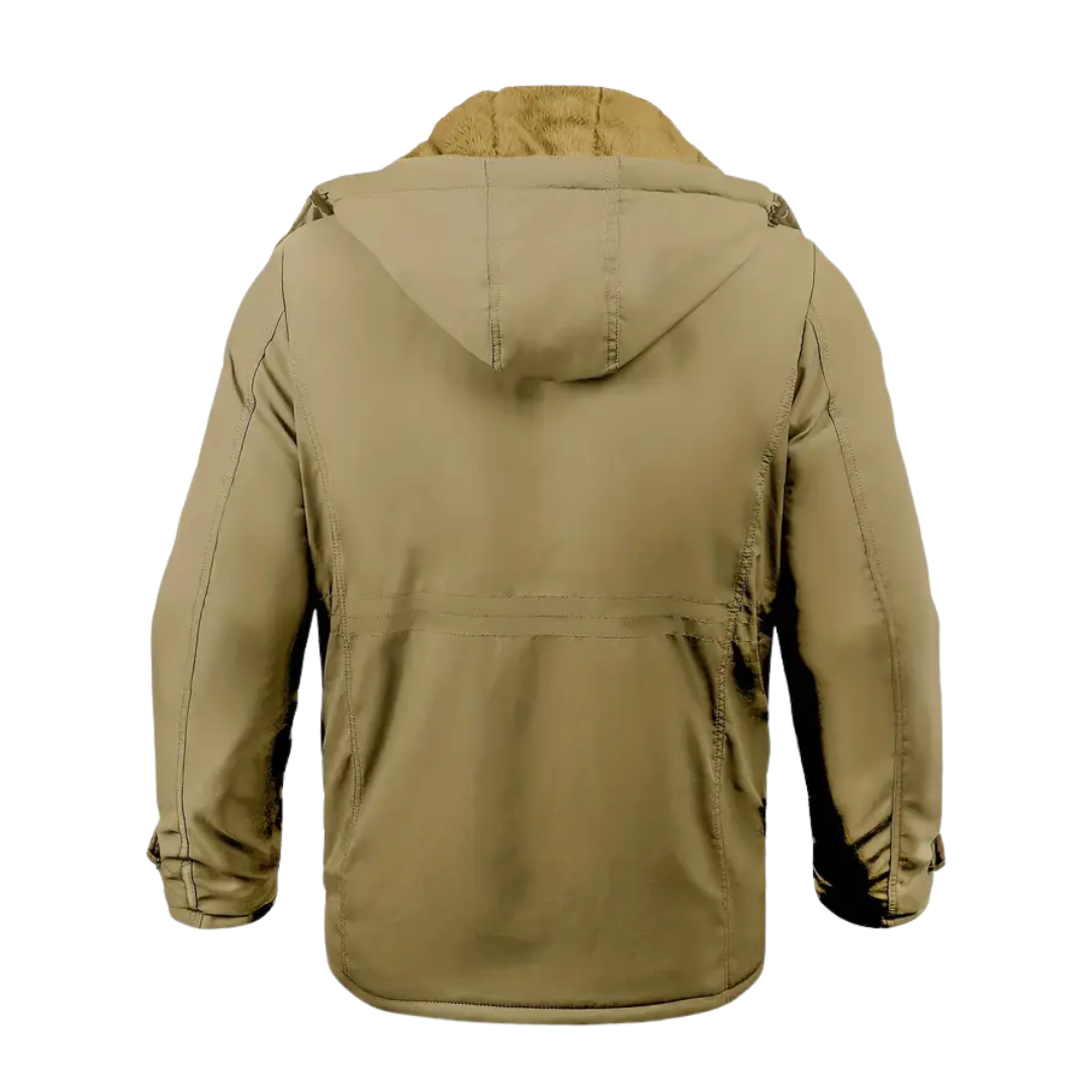 Man wearing Stellan insulated winter jacket with hood. Casual, warm cold weather outerwear.