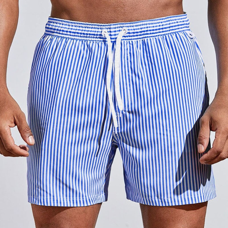 Men's striped drawstring swim trunks for beach, pool, or summer vacation. Ideal comfy men's swimwear shorts.