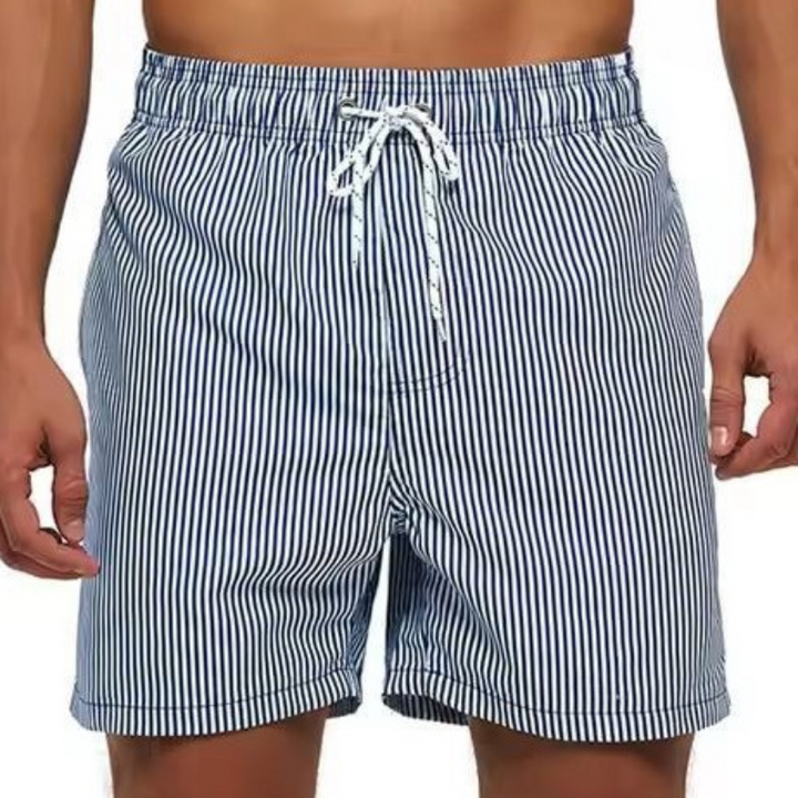 Stylish men's striped beachwear shorts with adjustable drawstring, essential for summer vacations & pool.